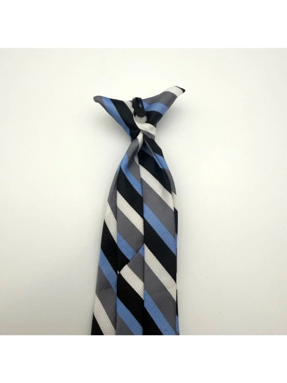 Boys Adjustable Zipper Tie Blue Gray Black White Striped Polyester Neck Tie